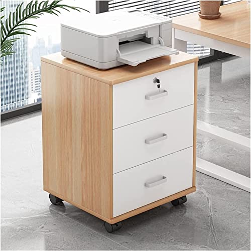 BODHIS Archivador móvil de Madera Maciza con 3 cajones y Ruedas con Cerradura en Acabado de Madera Natural