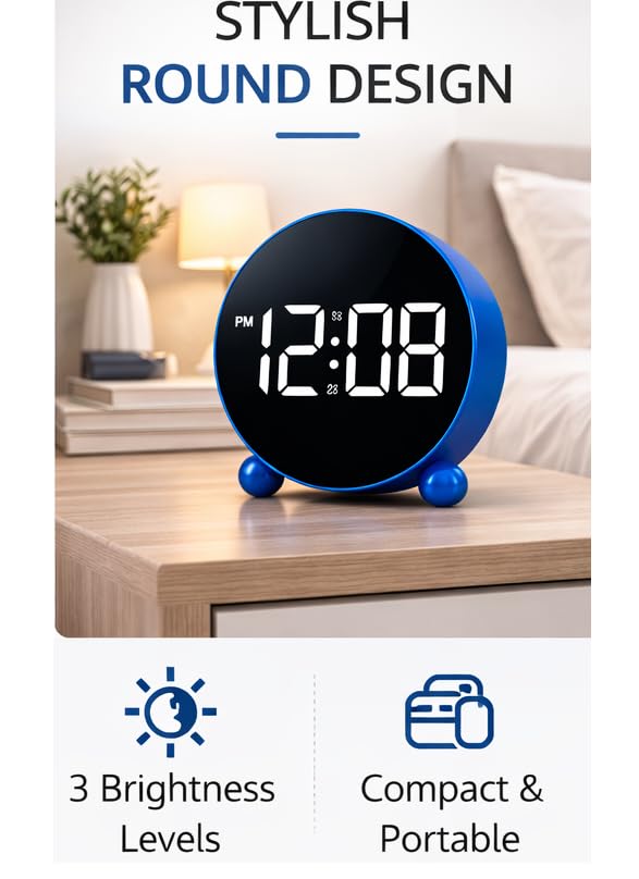 Image of Zollyss Digital Table Clock for Study Table | Blue | Round LED Display with Double Bell | Digital Alarm Clock with 3 Brightness Levels | for Bedroom or Office