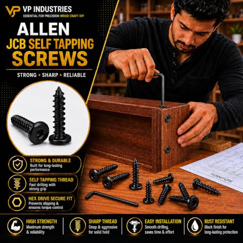 Image of Rely⇒VP INDUSTRIES (Pcs-25) M6.3x35 mm Allen JCB Head Self-Tapping Screw - Black Zinc Flat Head Furniture Bolt for Wood Boards, Cabinets, Cupboards & Chairs