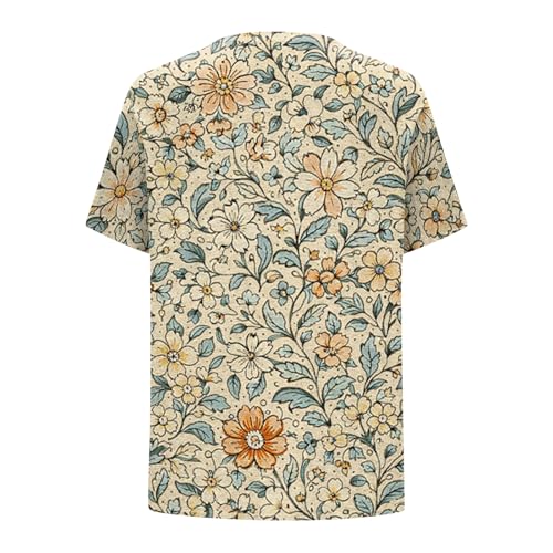 Womens Professional Tops Church Shirts for Women Spring V Neck Summer Floral Print Loose Fit Dressy Casual Blouse Ladies Top Short Sleeve Beige 3XL