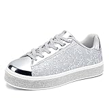 UUBARIS Women's Glitter Tennis Sneakers Floral Dressy Sparkly Sneakers Rhinestone Bling Wedding Bridal Shoes Shiny Sequin Shoes Silver Size 6
