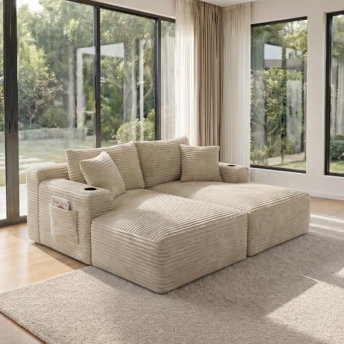 Image of 133 inch Oversized Cloud Boneless Sofa Couch with Chaise, Modern Corduroy U Shaped Modular Sectional Sofa with Deep Seat, Comfy Couch with Cupholders and Storage, No Assembly Required-Camel