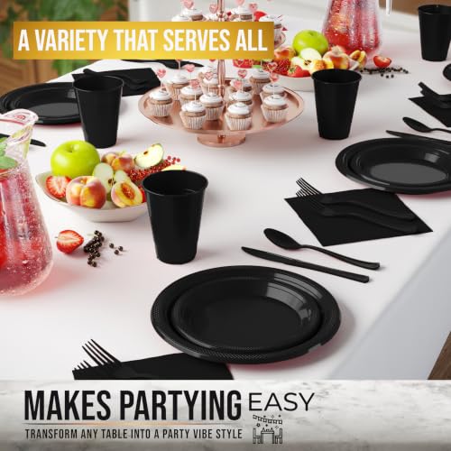 Image of Exquisite 350 Pcs Black Plates and Napkins Party Supplies Plate Sets | Sturdy Plastic Dinnerware Set With 9 inch & 7 inch Plates, 12 Oz Cups, Lunch Napkins and Cutlery Serves 50 for Birthdays & Everyday