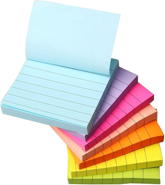 7 pcs 560 Sheets Lined Stick Notes, 7.5 * 7.5cm/3in* 3in Super Sticky Notes 7 Bright Colors Lined Self-Stick Note for Office School and Home