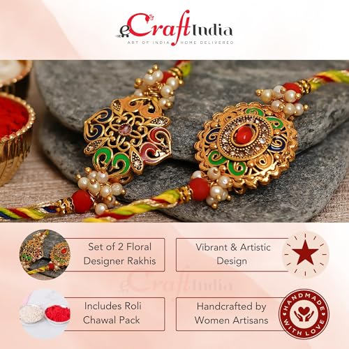 Image of eCraftIndia Set of 2 Traditional Pearl & Stone Multicolor Designer Rakhis, Best Bro Ever Fridge Magnet with Roli Chawal Pack - Rakhis for Brothers