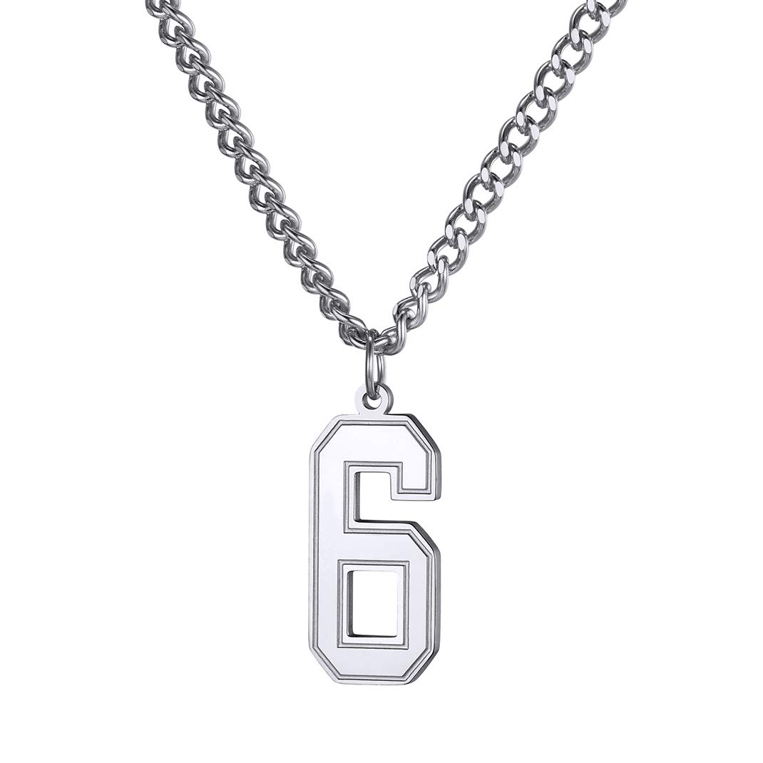 KeyStyleCustom Lucky Number 6 Necklace, Stainless Steel Personalized Charm Pendant with Any Number Jewelry Gift for Athletes, 56+5cm(22+2''), Stainless Steel, No Gemstone