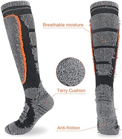 ouhos Mens Thermal Ski Socks Black Grey Long Knee High Winter Thick Warm Football Sports Socks for Men 9-12 Anti Blister Cushioned Snowboarding Mountaineering Hiking Boot Socks 2 Pairs