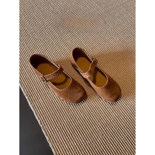 ZQW Women's Cute Suede Mary Jane Shoes Lace Trim Retro Comfortable Ballet Flats Buckle Strap Soft Casual Leather Ballerinas3