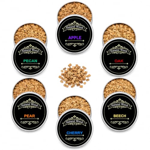 Whiskey Smoker Wood Chips Refill - 6 Flavor Variety Pack for Cocktail Smoker Kit - Natural Smoking Chips for Old Fashioned & Bourbon Drinks Oak Apple Cherry Hickory Pear Beech
