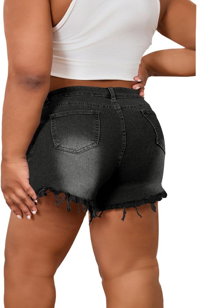 Women's Plus Size High Waisted Crossover Jean Shorts Ripped Raw Hem Summer Hot Denim Shorts - Image 2