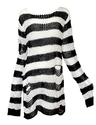 Peaceglad Womens Oversized Goth Punk Ripped Striped Long Sleeve Pullover Sweater Dress Tops(White1,One Size)