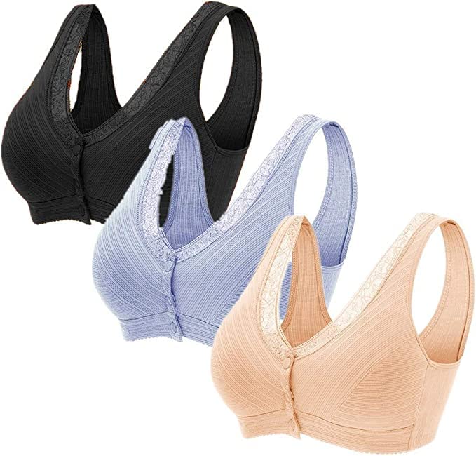 3Pack Everyday Cotton Snap Lace Bras - Women's Front Close Builtup Sports Push Up Wire Free Bra2