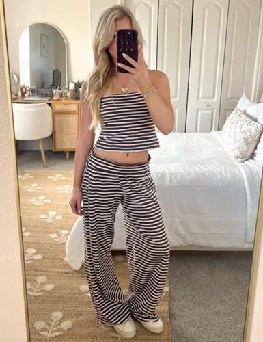 Women's Striped Two Piece Sets Cropped Tube Top and Wide Leg Pants Lounge Matching set with Pockets2