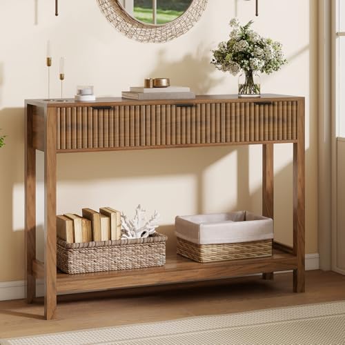 Nasonet Fluted Console Table, Wooden Sofa Table with Storage and ...