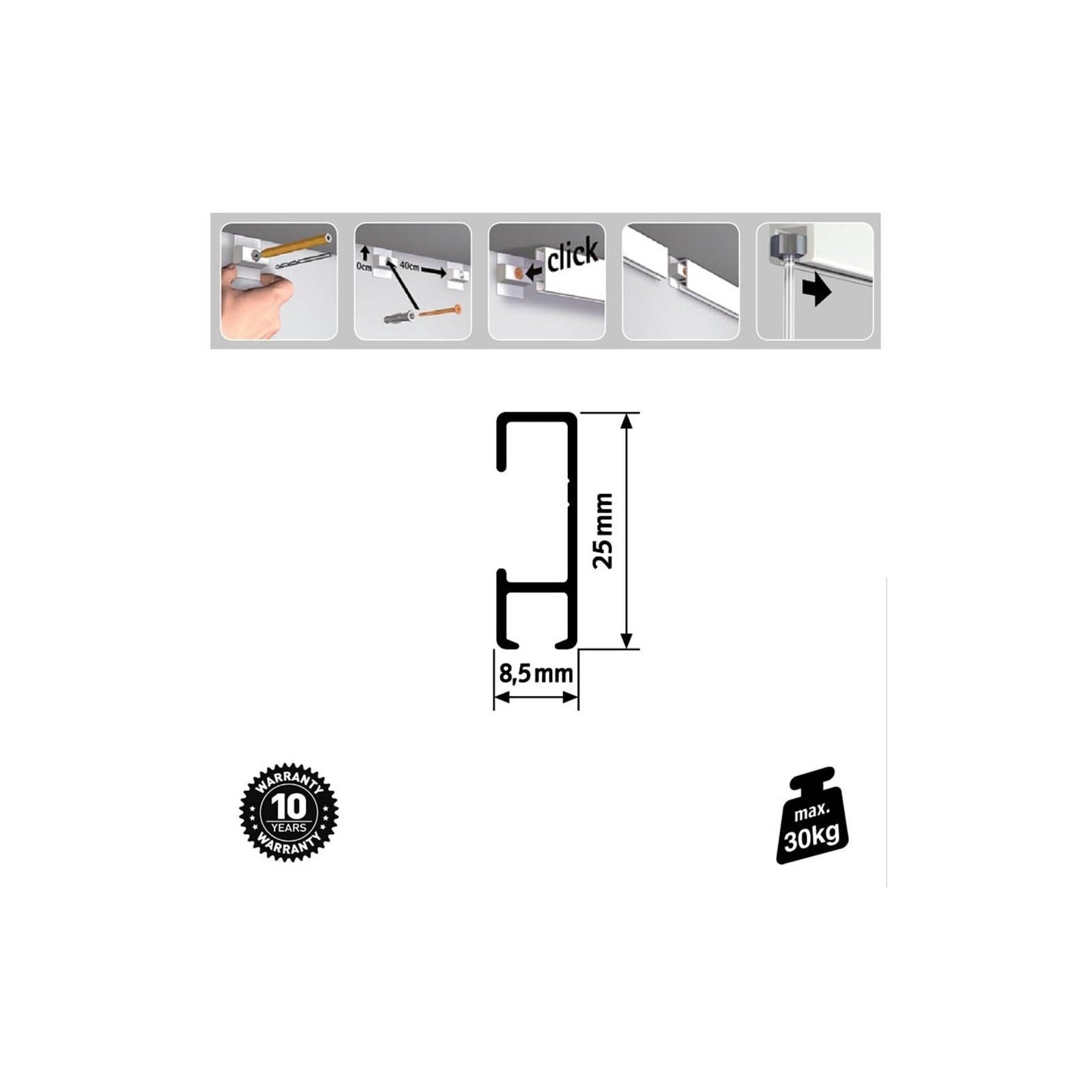 Arti Teq - Pack Eco 8 mètres de cimaise Click Rail couleur Noir - Solution suspension cadres et tableaux - Noir