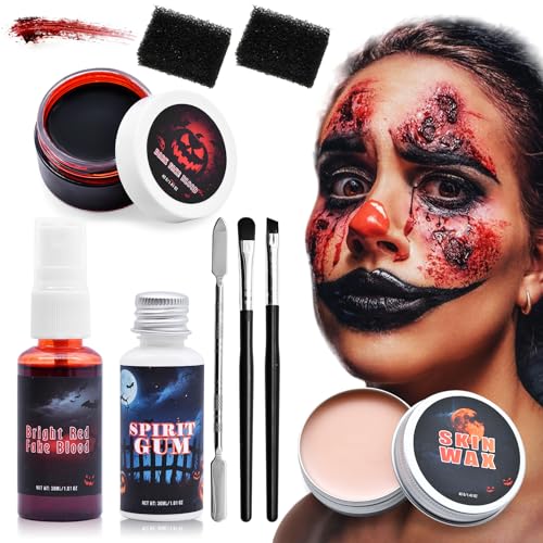7 Stück Halloween SFX Makeup Kit mit Kunstblut Gel, Narbenwachs, flüssiges Latex, Make-up-Pinsel, Schwamm, Spatel Werkzeug - Spezialeffekte Wund-Make-up für Halloween Cosplay Verkleidung Party 7 Stück Halloween SFX Makeup Kit mit Kunstblut Gel, Narbenwachs, flüssiges Latex, Make-up-Pinsel, Schwamm, Spatel Werkzeug - Spezialeffekte Wund-Make-up für Halloween Cosplay Verkleidung Party