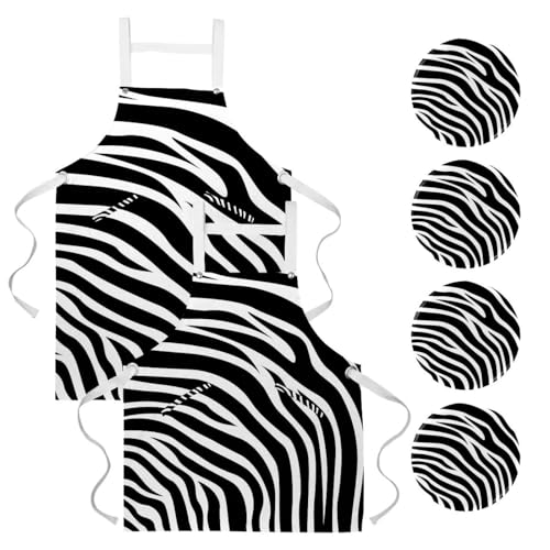 Lot de 2 tabliers de cuisine avec 4 broches à motif zèbre noir et blanc