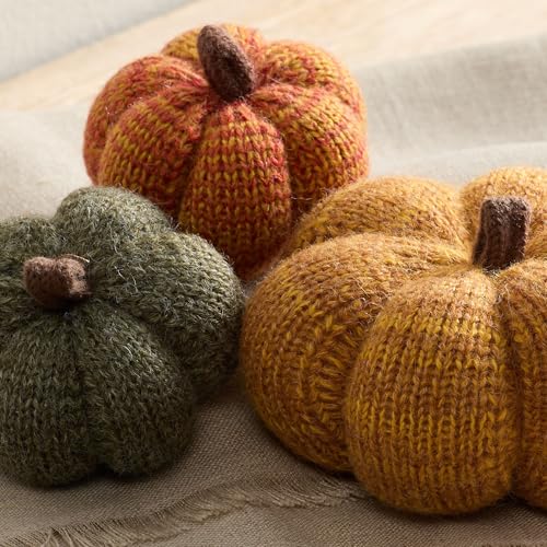 Image of Set of 3 Cozy Mini Knit Pumpkins (Marigold Multi-Size Set) | Warm Green Gold, Fall Tabletop Decor, Soft Autumn Home Accents, Thanksgiving Table Setting