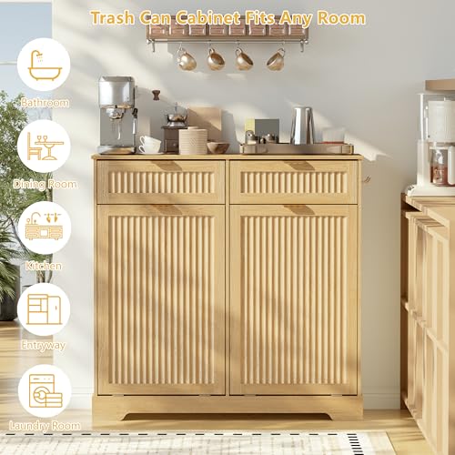 Image of Double 13 Gallon Tilt Out Trash Can Cabinet,Garbage Cabinet with Drawer | Hidden Garbage Storage with Fluted Design, Drawer & Hooks for Kitchen, Dining Room and Small Space Organization,Natural Oak