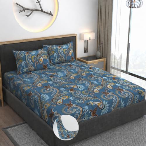 Image of Vaini Premium Heavy Cotton Elastic Fitted Bedsheets with 2 King Size Pillow Covers || Double Bed with All Around Elastic 350 (Blue Jaipuri, 72x72 Inch King Fitted)
