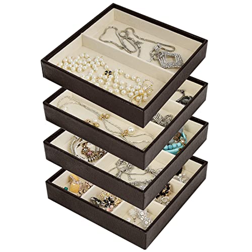 J JACKCUBE DESIGN 4 Stackable Trays Jewelry Storage Display Case for Drawer or Dresser - Holder for Earring Ring Necklace or Cufflinks - MK220-1ABCD
