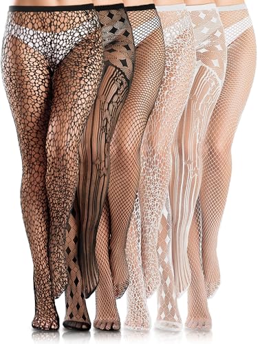 Ramede 6 Pairs Fishnet Stockings for Women Lace Tights Patterned Thigh High Floral Waist Goth Leggings Pantyhose(Fashion Black and White,M,Fashion)