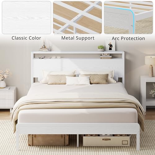 Image of LIKIMIO Queen Bed Frame with Headboard, Wood Camas Queen with Strong Supports, Sturdy, Noise-Free, No Box Spring Needed, White