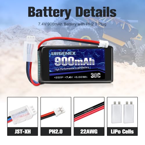 Image of SCX24 Battery 7.4V Lipos 2S 30C(Burst 60C) 900mAh Rechargeable Lithium Battery with PH2.0 Plug Compatible with Most 1 /10, 1 /16, 1 /18, 1 /24 Scale RC Cars Trucks with 1TO2 USB Charger