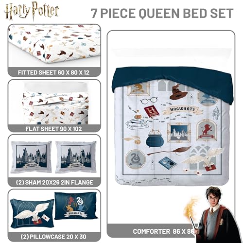 Image of Harry Potter Queen Comforter Set 7 Piece Soft Hogwarts Bedding, Grey | Hedwig, Bed in a Bag, Comforter Sheets Shams Pillowcases, Official Product, Soft Microfiber, Machine Washable, Kids Gift