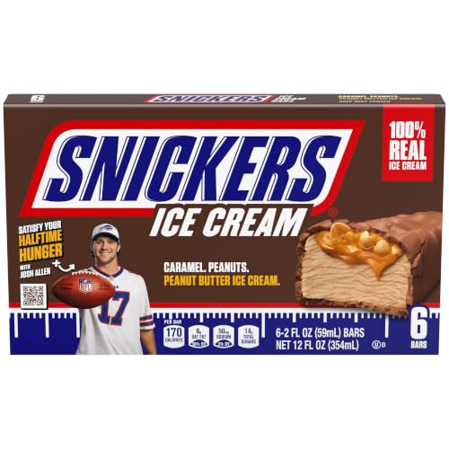 SNICKERS Ice Cream, Chocolate Caramel Peanut Butter Ice Cream Bars Individually Wrapped Dessert, 6 Pack, 2 Oz Bars