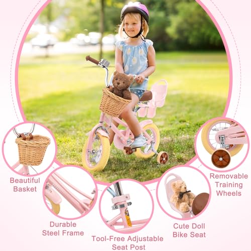 Image of Glaf Girls Bike Bicycle for 2-12 Years Old 12 14 16 20 inch Kids Toddler Bike with Training Wheels and Basket,Doll Seat, Kids Bike Bicycle for Gift