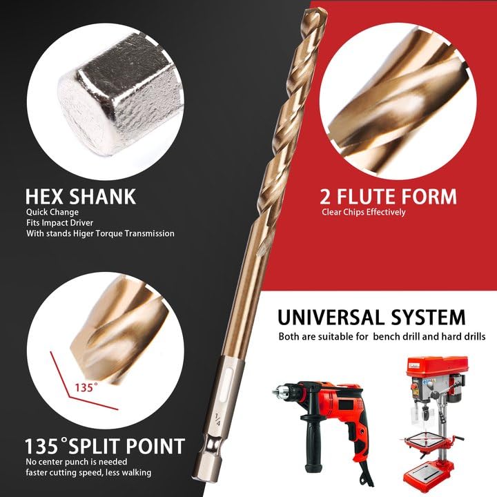 Miniatura 4 de Juego de 13 brocas hexagonales con revestimiento de titanio, punta de 135 grados, juego de brocas de impacto HSS con estuche de almacenamiento para