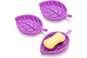 Purple Soap Dish- 3 Pack Leaf-Shaped Draining Soap Dish Holder- Ideal Shower...