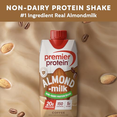 Image of Premier Protein Non-Dairy Plant Based Almondmilk Protein Shake, Coffee with Caffeine for Energy - 20g Protein, 5g Sugar, 11 fl oz, 12 Pack
