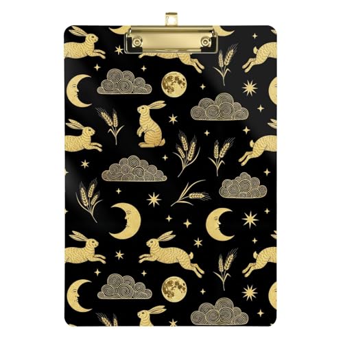 Moon Rabbits Clouds Black Print Acrylic Clipboard with Storage High Capacity Nursing Clipboards with Low Profile Gold Metal Clip Side Opening Clip Boards for Students Nurses Women Man Kids Office