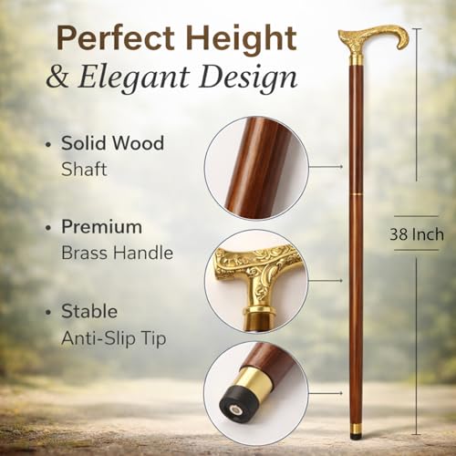 Image of ITOS365 Premium Wooden Walking Stick with Brass Designer Handle (Detachable 3-Piece Cane)