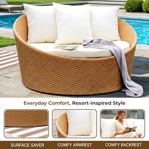 Image of DEVOKO Outdoor Wicker and Rattan Daybed Furniture Set in Beige & White, Perfect for Outdoor, Poolside, Garden, Balcony, Porch, Backyard, Terrace, Patio, Beach Round Sofa, 1 Seater