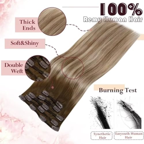 Easyouth Clip in Human Hair Extensions Brown Balayage Clips in Extensions Real Human Hair Brown Ombre Blonde Real Hair Extension Clip in Long Straight 22Inch 5Pcs 70g #3/8/22 - Image 4