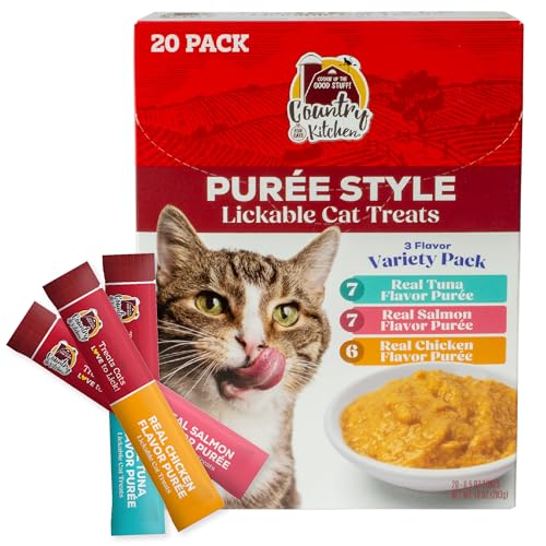 Country Kitchen Puree Lickable Cat Treats Variety Pack, Includes Tuna, Salmon, and Chicken, Made with Real Meat, .5 Oz Tubes, 20 ct