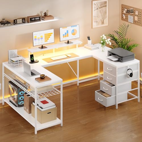 YITAHOME Eckschreibtisch mit 4 Schubladen & Stauraum, Gaming Schreibtisch mit LED & Monitorständer für Home Office, Reversible Eckschreibtisch mit 2 Steckdosen und 2 USB Ladeanschluss, 158cm, Weiß