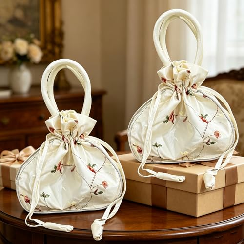 Image of Silk Jewelry Bag Retro Embroidery Fabric Hand Bag Large Off-White | 2PCS Bulk Brocade Pouch Drawstring Gift Bag ,for Candy Wedding Party Presents Snacks & Jewelry