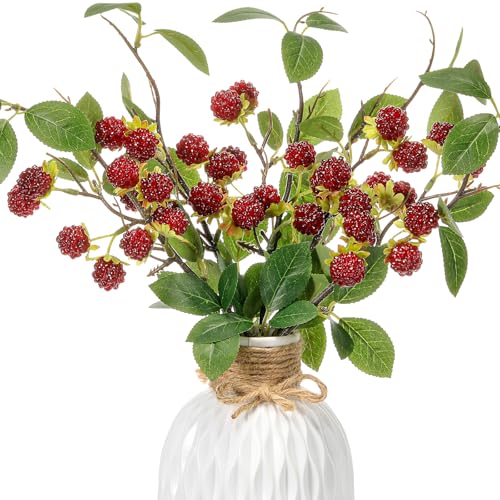 XunYee 6 Pack Dark Red Artificial Raspberry Plant Stems 15 Faux Raspberries Branches Fake Simulated Berry Bouquet Picks for Vase Filler Indoor Home Farmhouse Table Centerpieces Decor