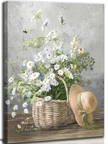 Rustic Daisy Canvas Wall art Country Flower Still Life Bamboo Basket Painting Picture Wall Decor Farmhouse Poster Print Artwork for Bathroom Bedroom Living Room Home Decoration