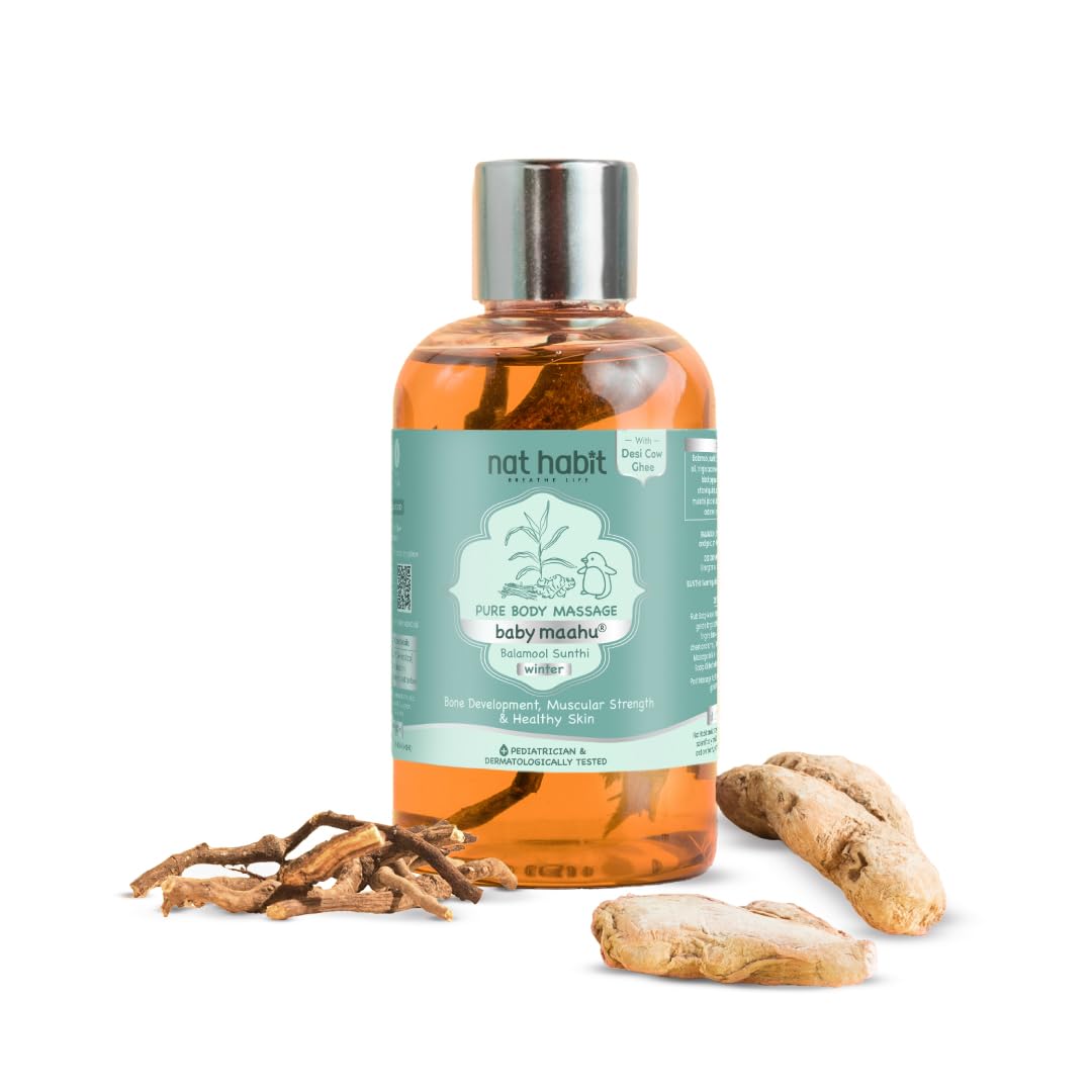 Nat Habit Winter Maahu Baby Massage Oil - Balamool Sunthi For Bone Development, Muscular Strength & Healthy Skin - Suitable For Ages 0 to 12 years - Zero Chemicals & Preservatives - 100ml-image-0