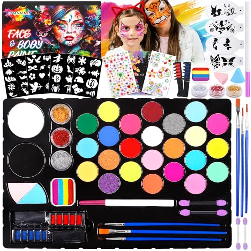 ITMNMNL Tintas de rosto para crianças, pinturas faciais infantis, 33 cores pintura de rosto Halloween, pintura facial crianças, pintura de rosto para crianças com stencils para crianças pincéis