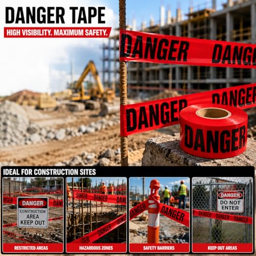 Image of ATERET Premium Red Danger Tape 3-Pack 3 inch x 1000 feet, Hazard Safety Tape, Construction Tape for Danger /Hazardous Area, Ideal Use for Halloween Decorations, Holiday, Party, Yard, Garden, Work-Site