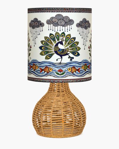 Image of Homesake Handwoven Rattan Table Lamp with Madhubani Art Printed Fabric Shade, Decorative Raffia Spinning Bedside Lamp, Boho Table Lamp with E27 Holder, Living Room, Bedroom & Home Decor