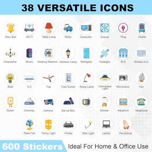 Image of GLUN Electric Board Switch Stickers Iris Coloured, 38 Icons 600 Stickers Set Iris Shades, Appliances or Machinery, Fan, Light, Fridge & AC Switch Stickers
