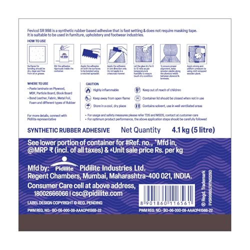 Image of Fevicol SR 998, 5 Litre | Best for Rubber, Fabric & Leather Furniture, Plywood, Lamination, Packaging, Crafts, DIY, Metal & Wood Bonding, Water & Heat Resistant, Fast Setting, Strong Durable Bond
