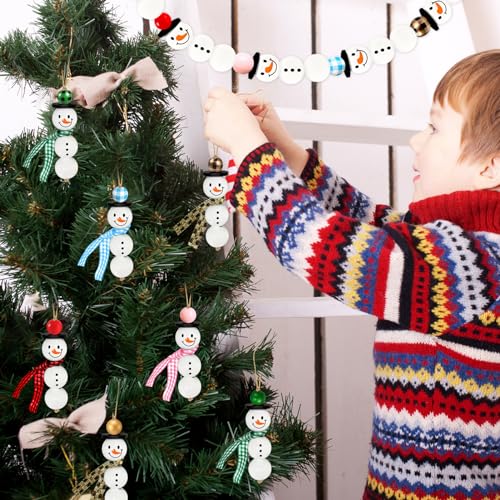 Image of 307 Pieces Christmas Snowman Wooden Beads Craft Project Natural Polished Wood Bead with Twine, Winter Christmas Tree Hanging Ornaments, Rustic DIY Garland Decoration for Home